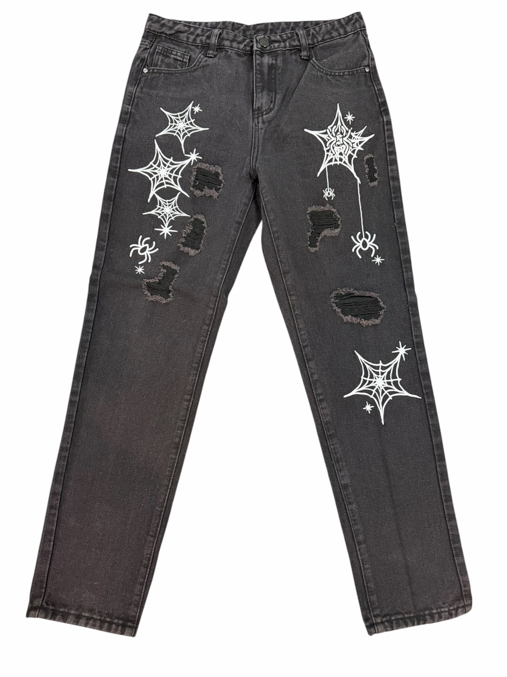Spiderweb Distressed Black Jeans W29Goth Y2K Grunge Emo Punk